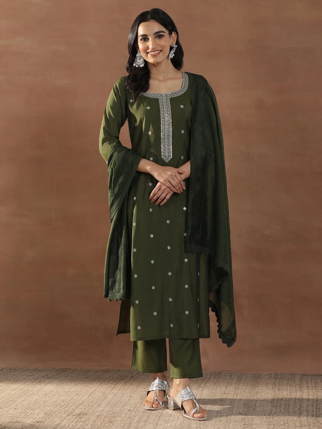  Olive Embroidered Silk Blend Straight Suit Set With Dupatta 