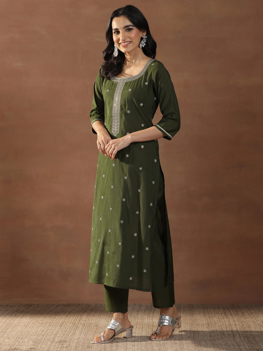  Olive Embroidered Silk Blend Straight Suit Set With Dupatta 