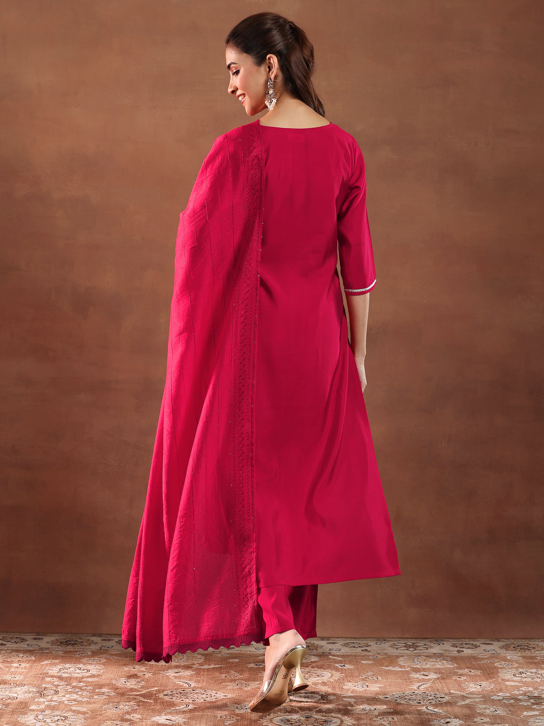  Red Embroidered Silk Blend Straight Suit With Dupatta-color issue 