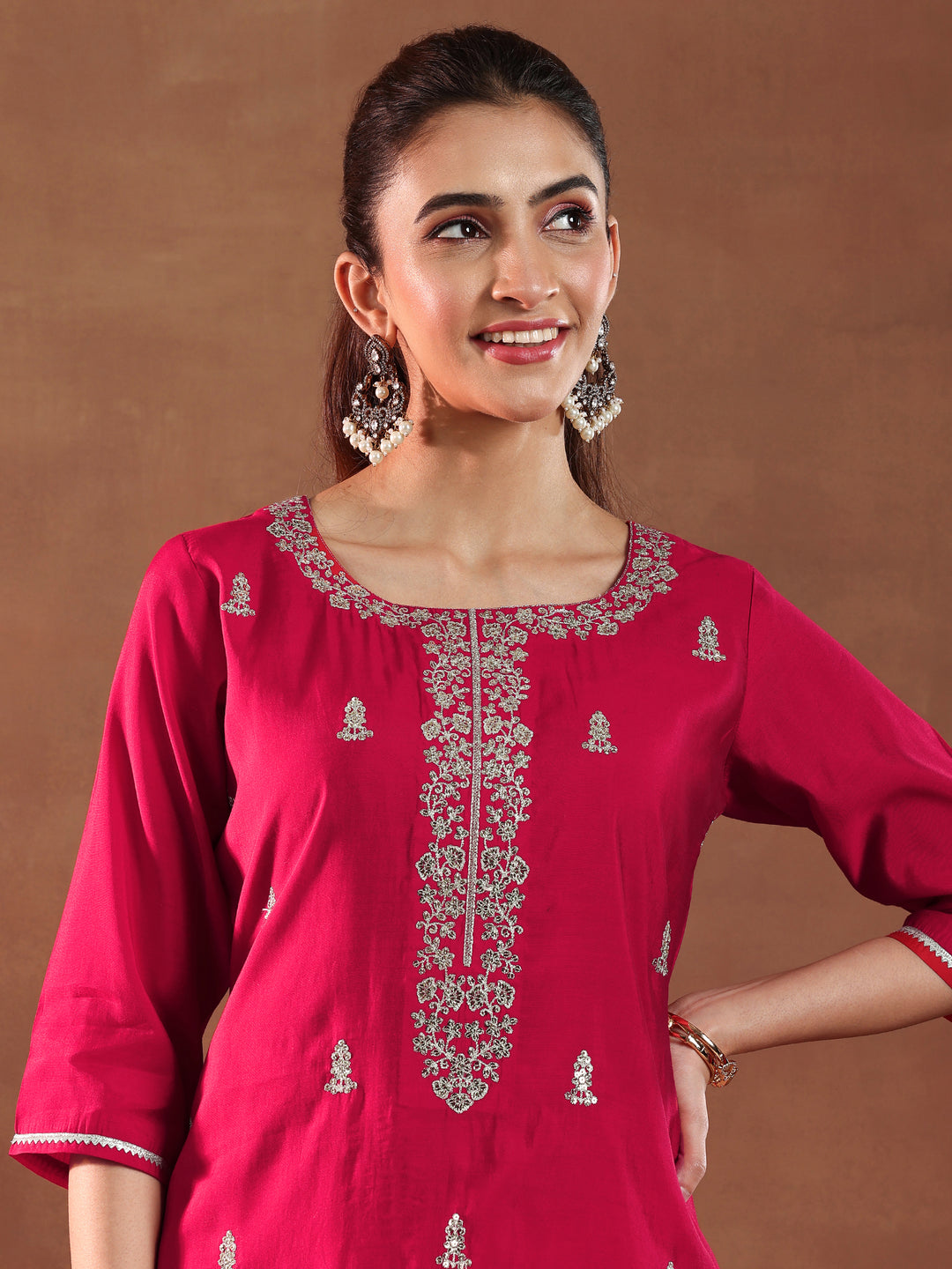  Red Embroidered Silk Blend Straight Suit With Dupatta-color issue 