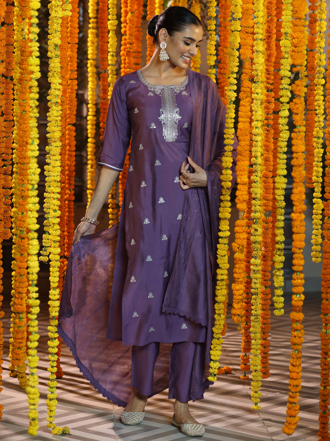 Mauve Embroidered Silk Blend Straight Suit With Dupatta