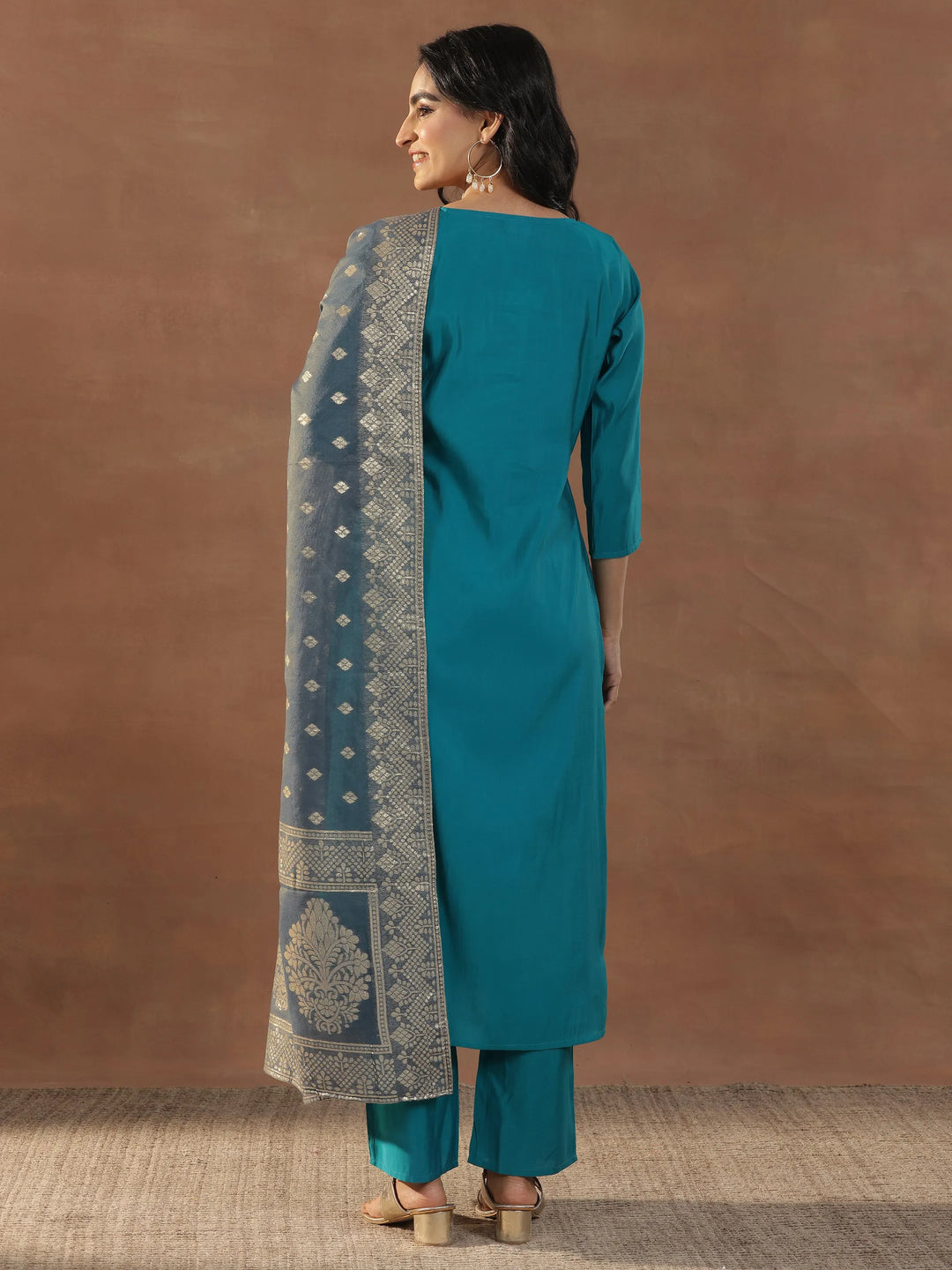  Blue Yoke Design Silk Blend Straight Suit Set With Dupatta 