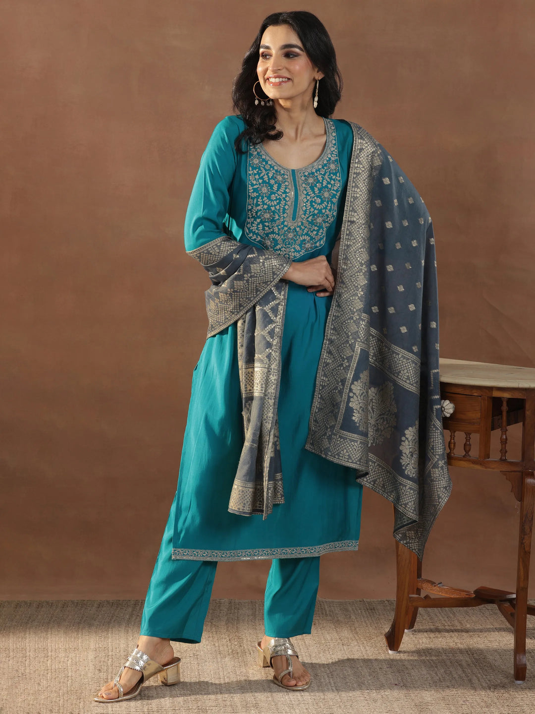 Blue Yoke Design Silk Blend Straight Suit Set With Dupatta