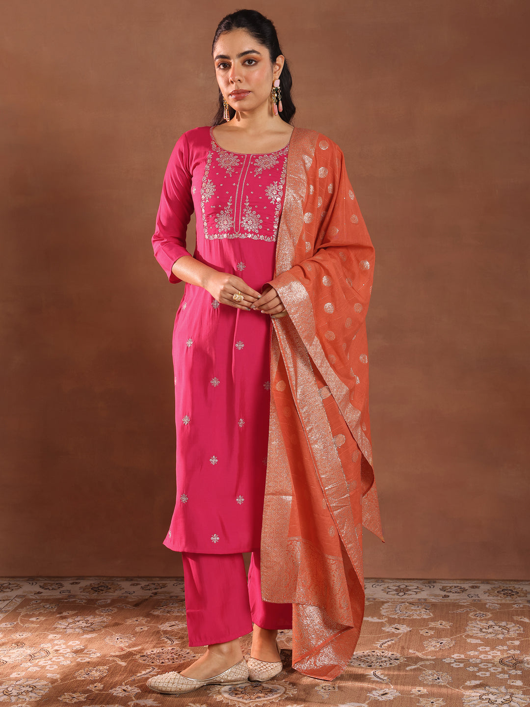  Pink Embroidered Silk Blend Straight Suit With Dupatta 