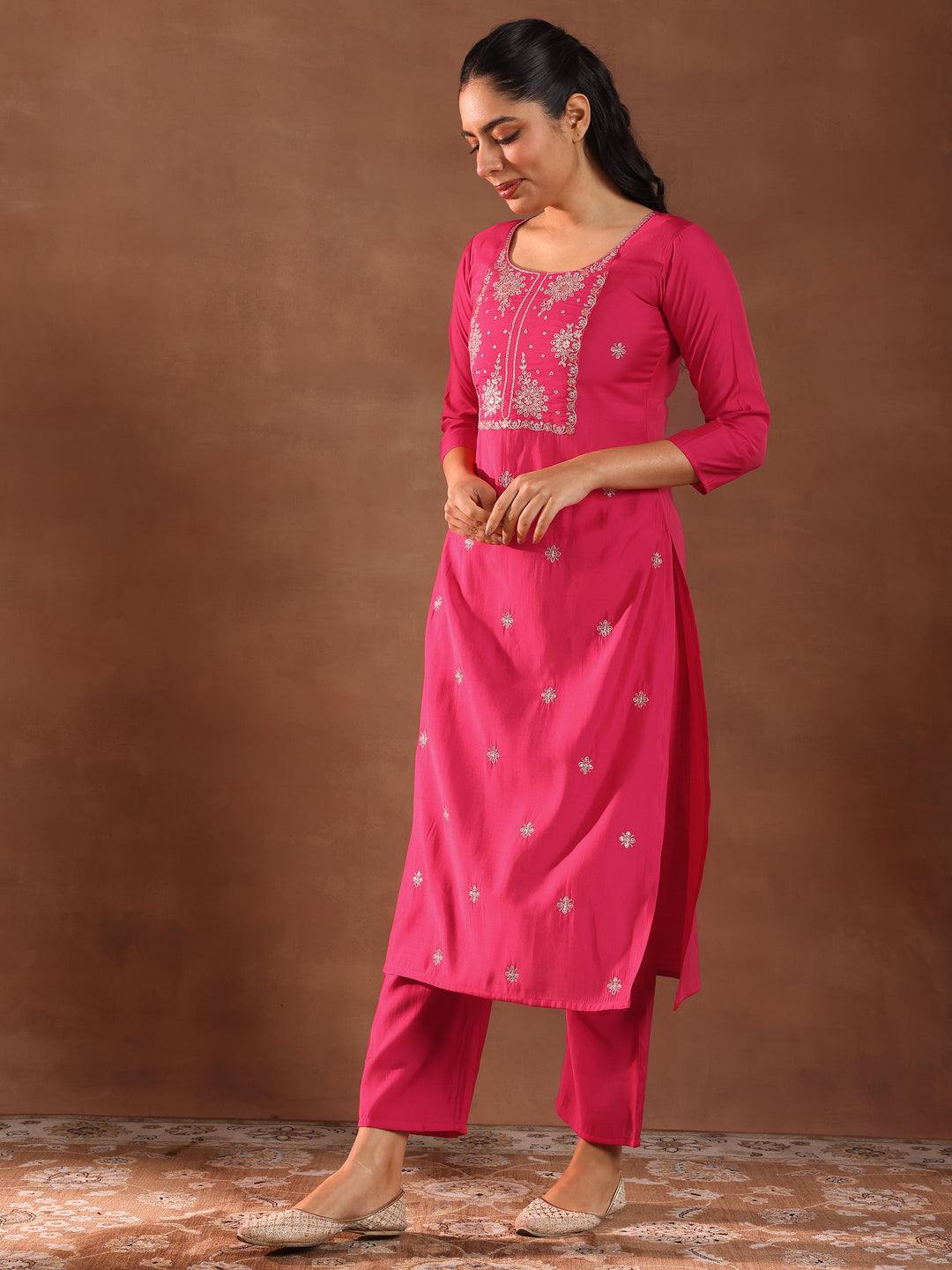  Pink Embroidered Silk Blend Straight Suit With Dupatta 