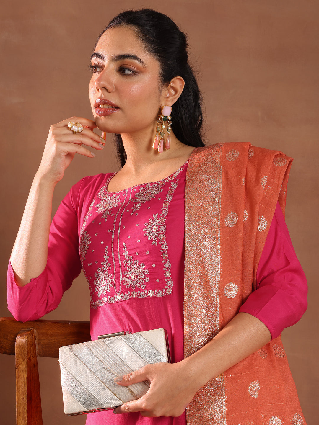 Pink Embroidered Silk Blend Straight Suit With Dupatta