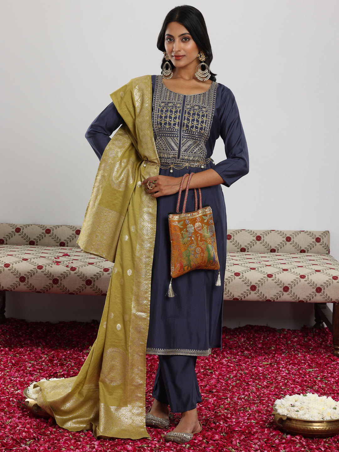  Blue Yoke Design Silk Blend Straight Suit With Dupatta 