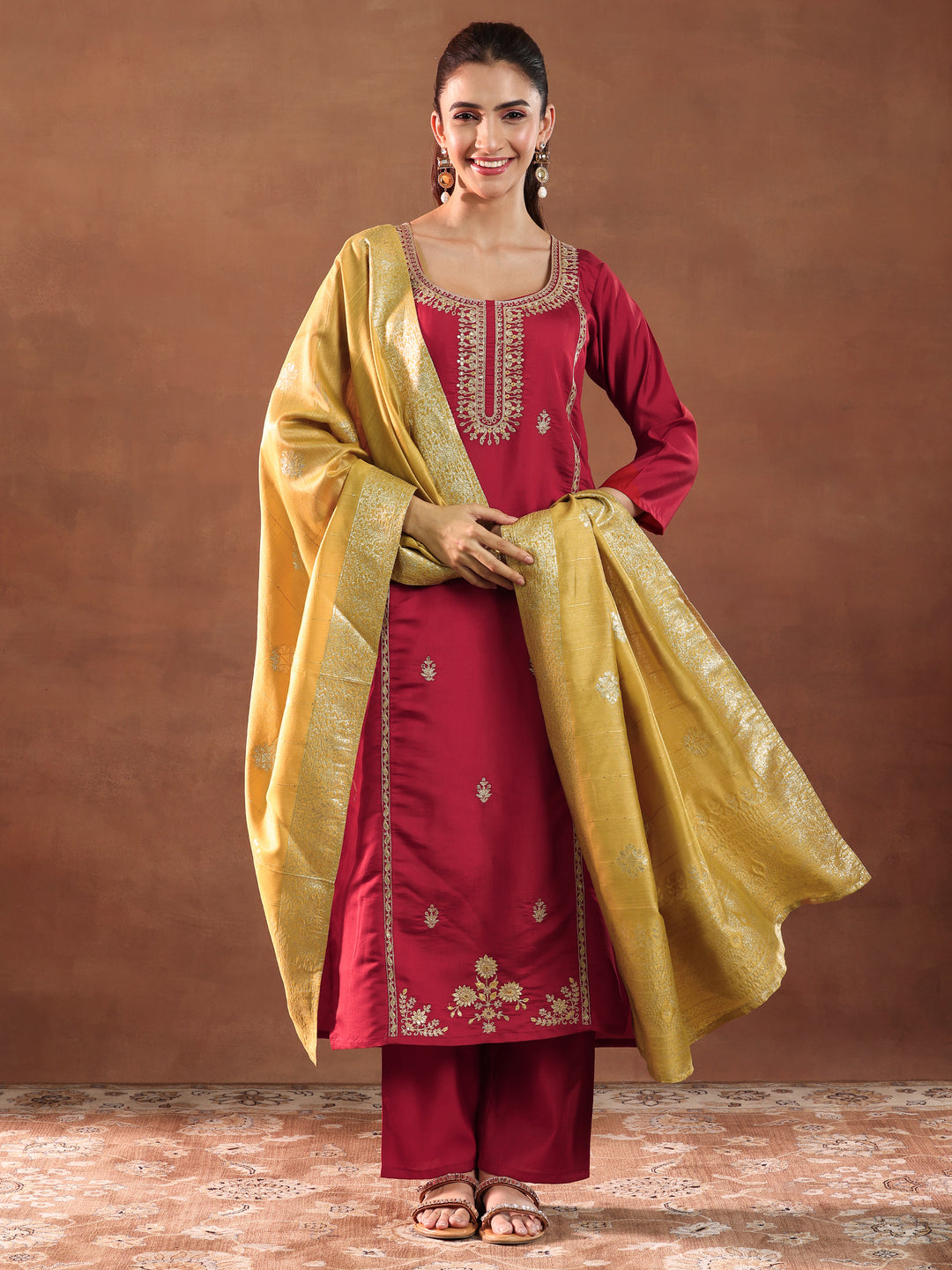 Maroon Embroidered Silk Blend Straight Suit With Dupatta