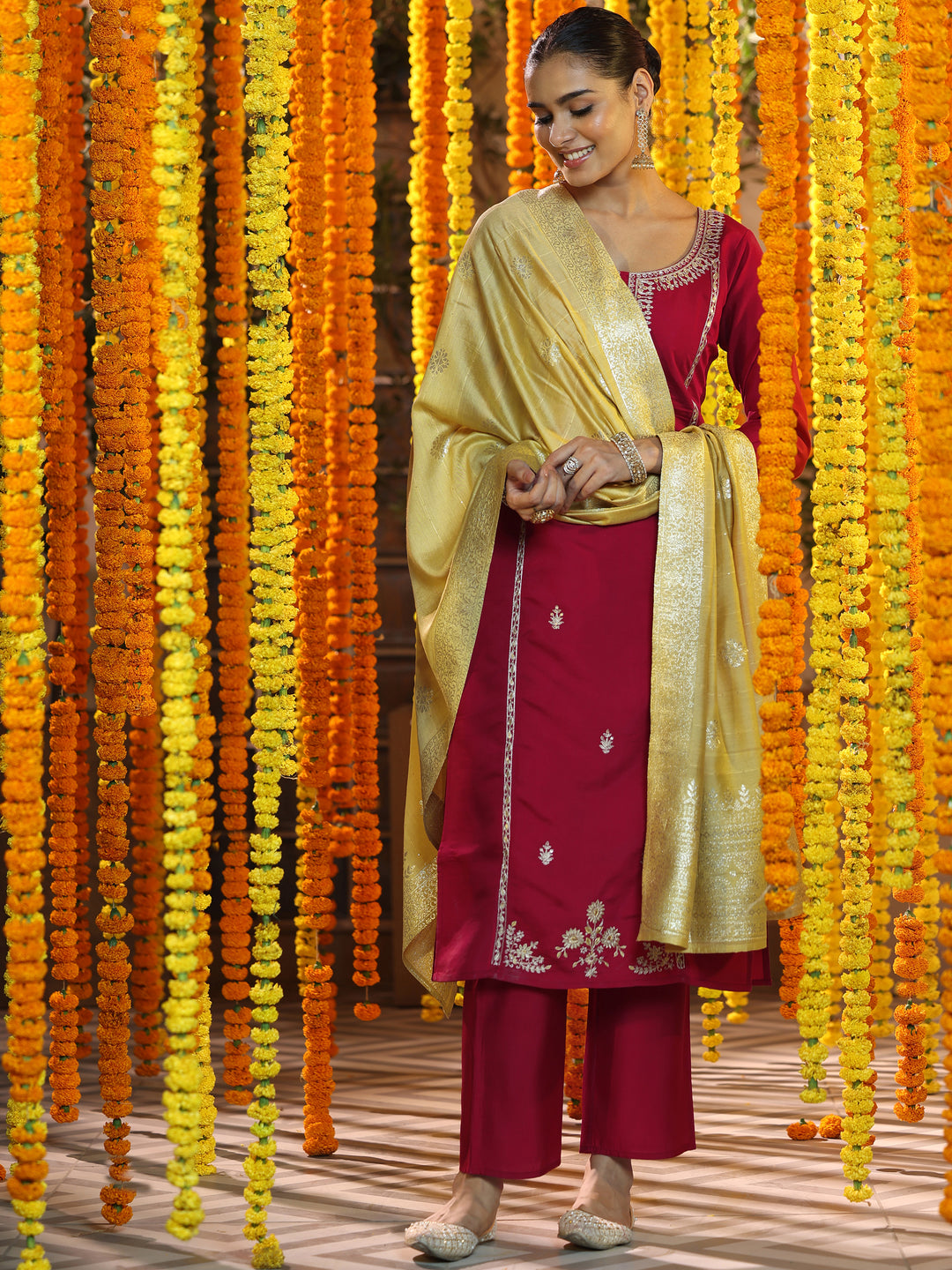 Maroon Embroidered Silk Blend Straight Suit With Dupatta