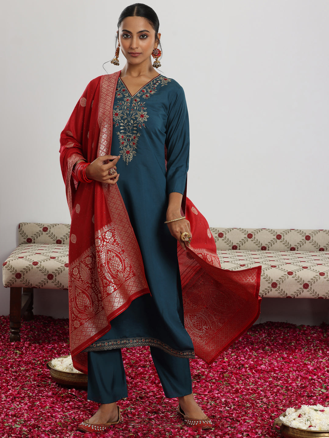  Teal Yoke Design Silk Blend Straight Suit With Dupatta 