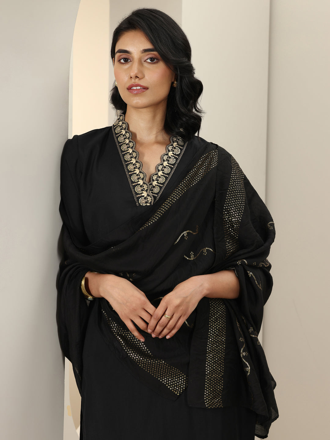  Black Embroidered Silk Blend Straight Suit Sets With Dupatta 