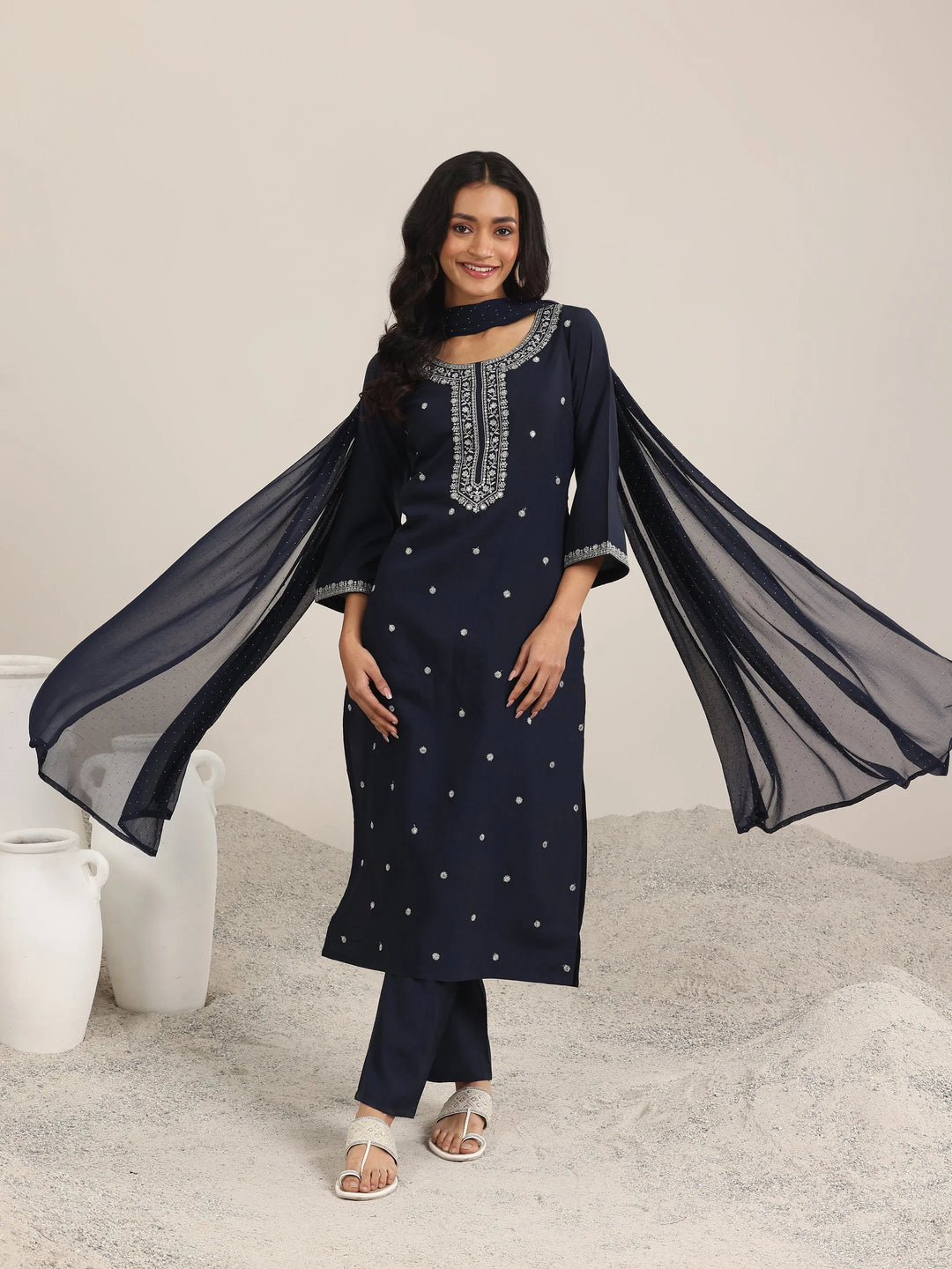  Navy Embroidered Silk Blend Straight Suits With Dupatta 