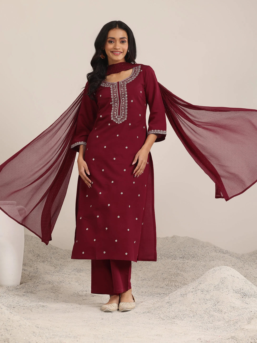  Maroon Embroidered Silk Blend Straight Suit With Dupatta 