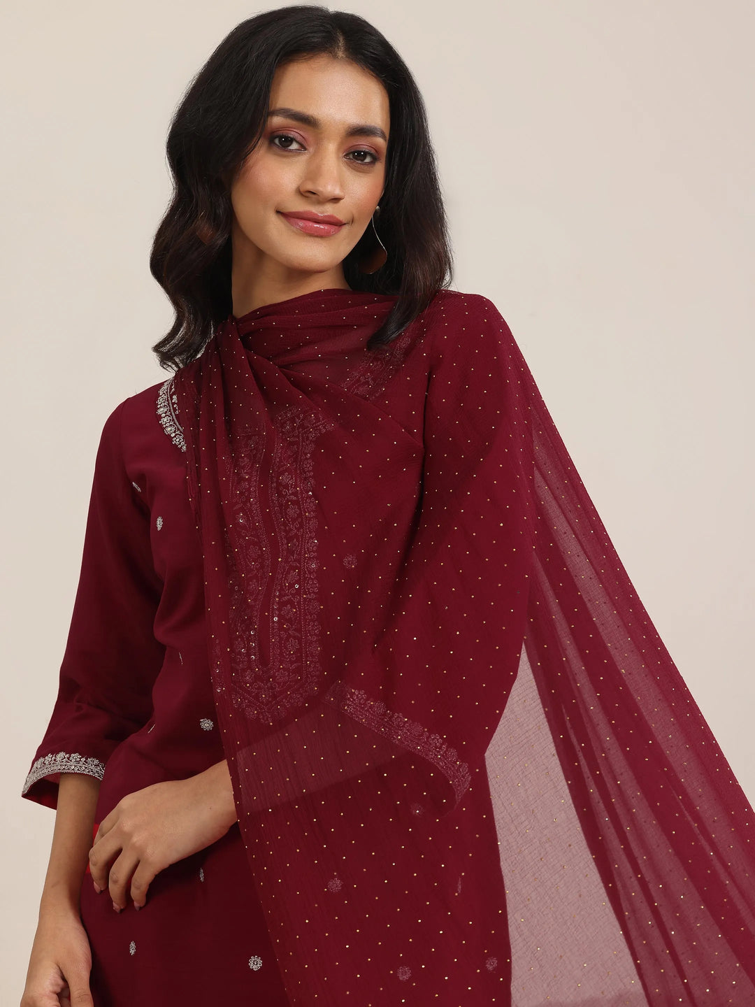 Maroon Embroidered Silk Blend Straight Suit With Dupatta