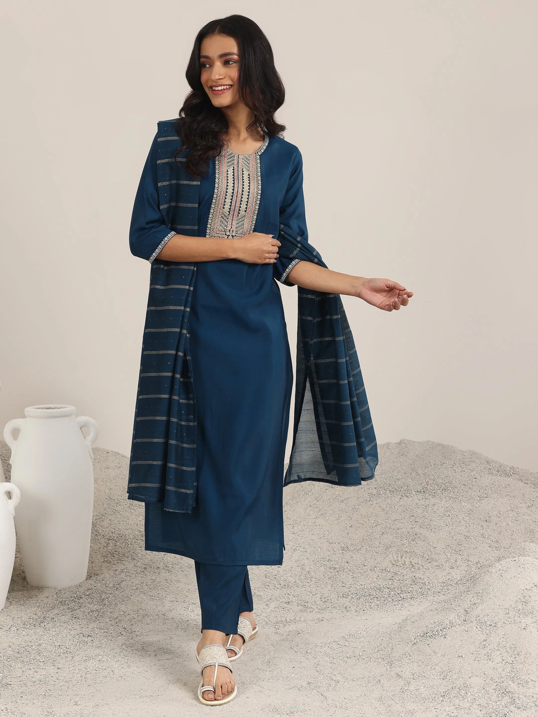  Blue Yoke Design Silk Blend Straight Suit With Dupatta 