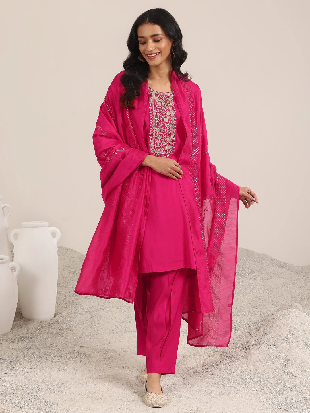  Pink Yoke Design Silk Blend Straight Suit With Dupatta 