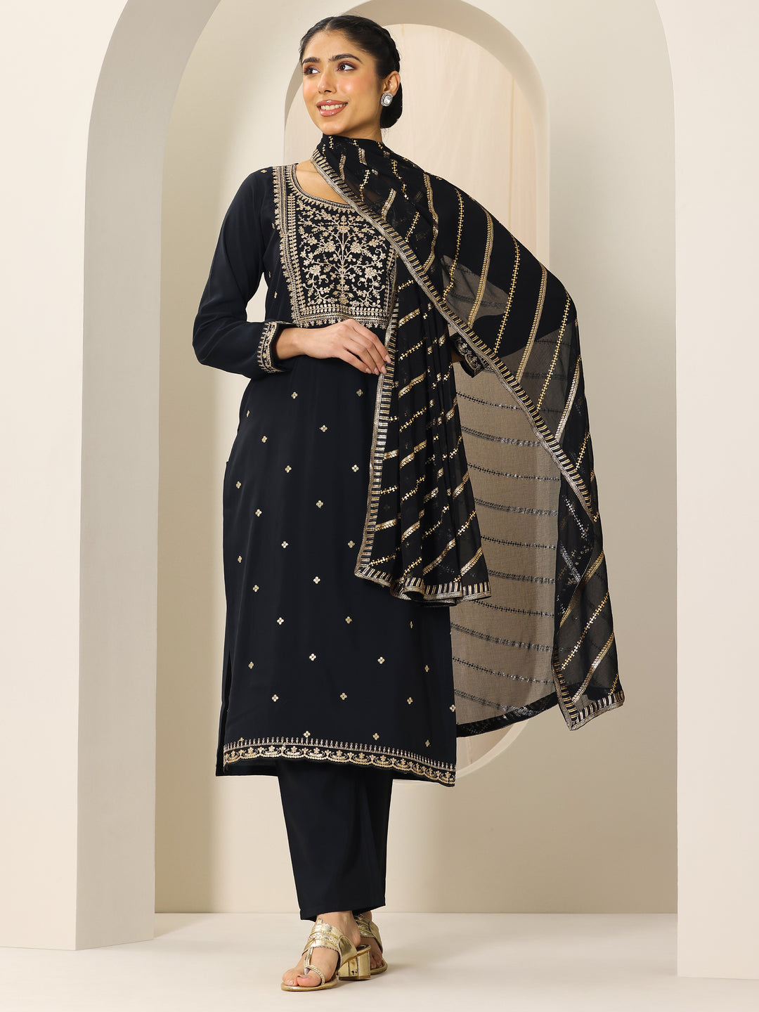  Black Embroidered Silk Blend Straight Suit Set With Dupatta 