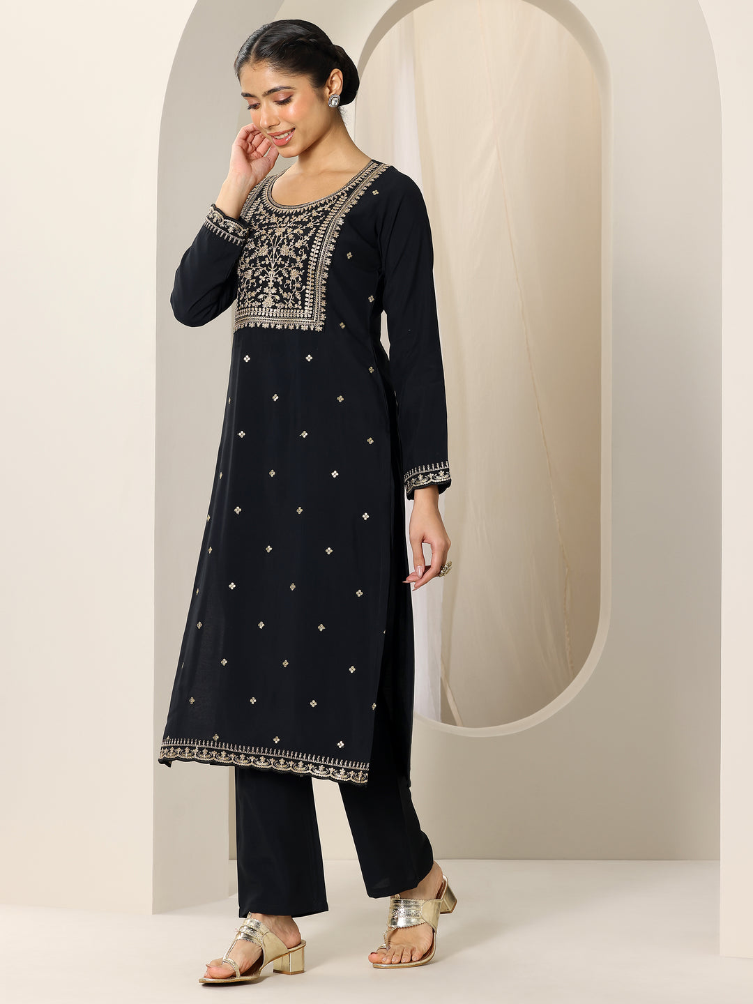  Black Embroidered Silk Blend Straight Suit Set With Dupatta 