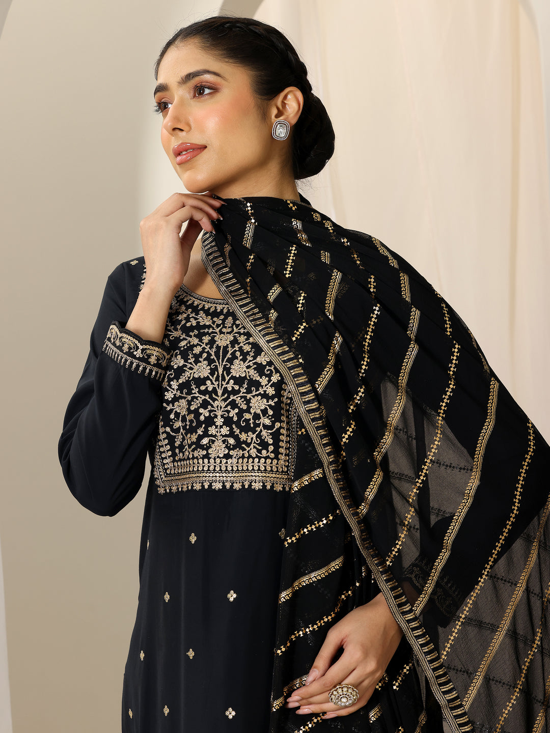  Black Embroidered Silk Blend Straight Suit Set With Dupatta 