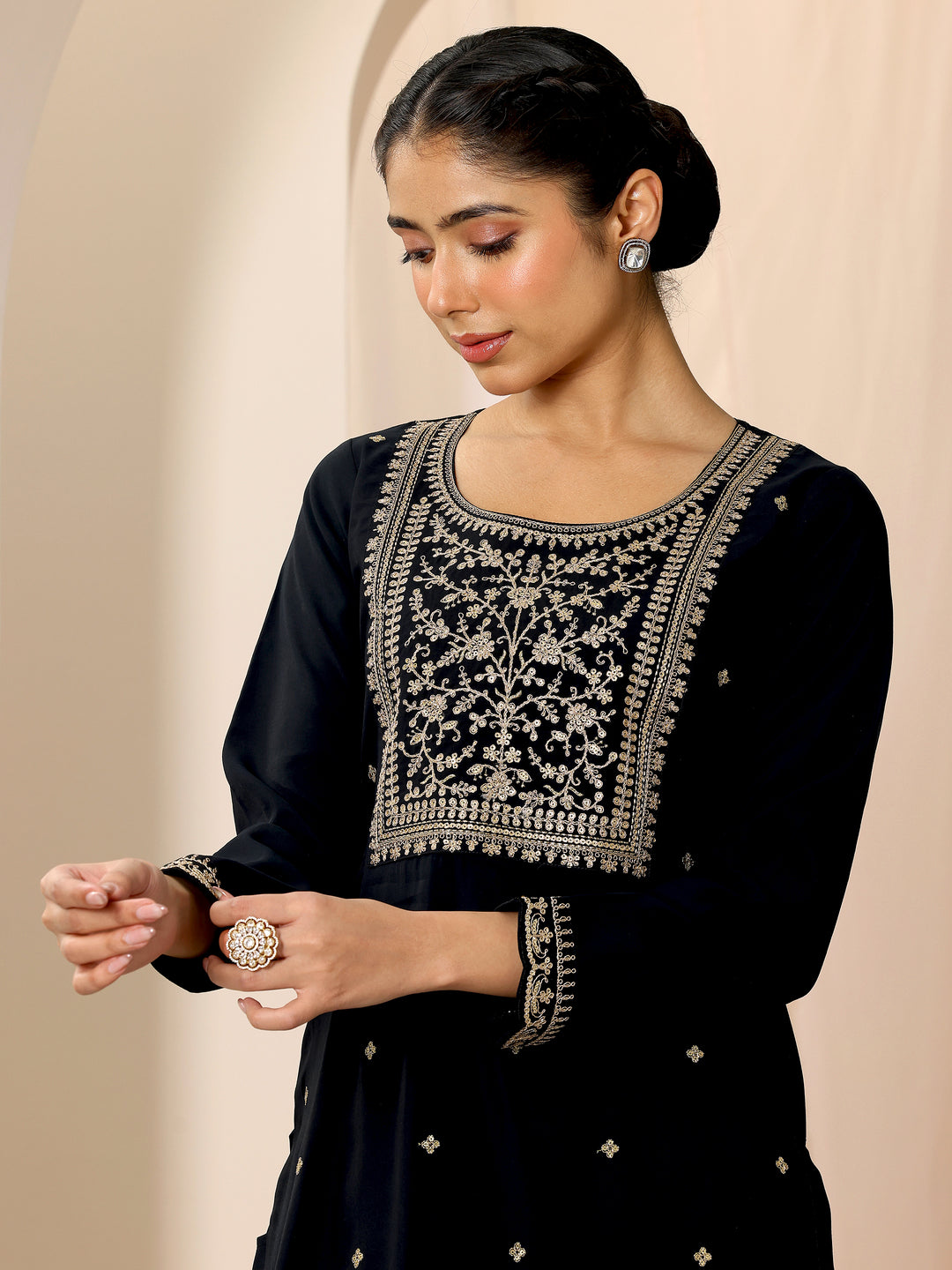  Black Embroidered Silk Blend Straight Suit Set With Dupatta 