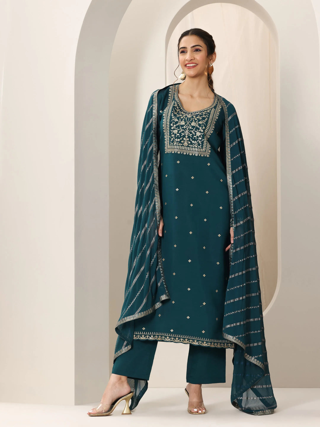  Blue Embroidered Silk Blend Straight Suit Set With Dupatta 