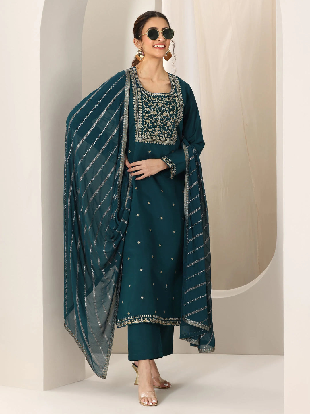  Blue Embroidered Silk Blend Straight Suit Set With Dupatta 