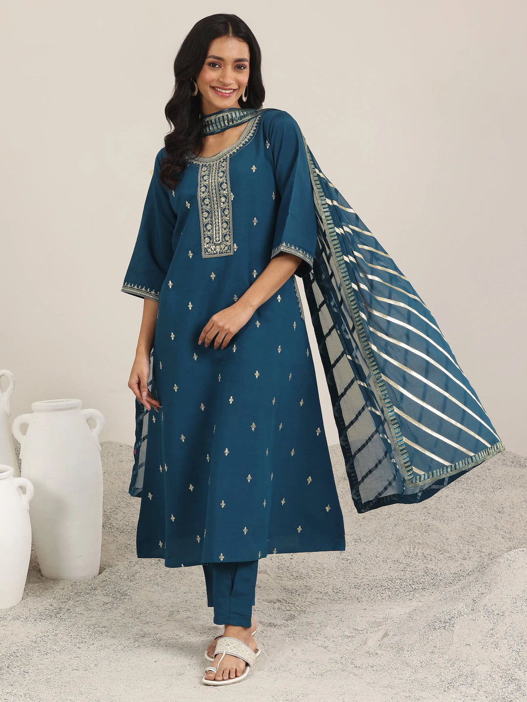  Blue Embroidered Silk Blend A-Line Suit Set With Dupatta 