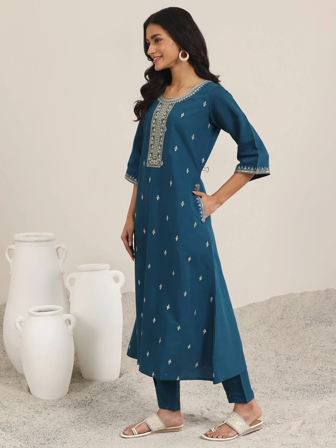  Blue Embroidered Silk Blend A-Line Suit Set With Dupatta 