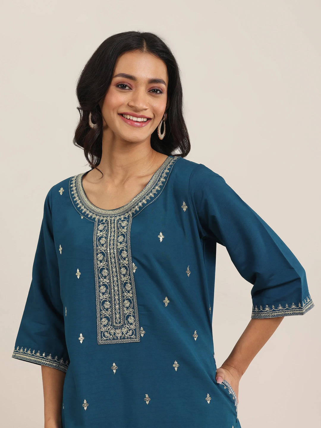  Blue Embroidered Silk Blend A-Line Suit Set With Dupatta 