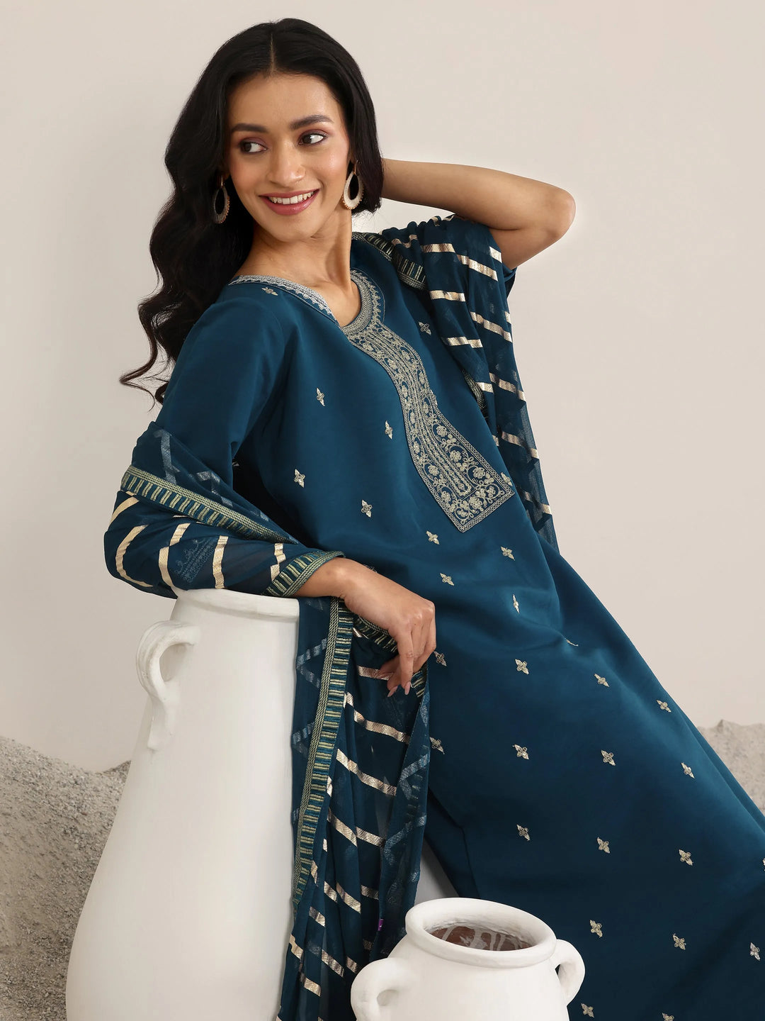  Blue Embroidered Silk Blend A-Line Suit Set With Dupatta 