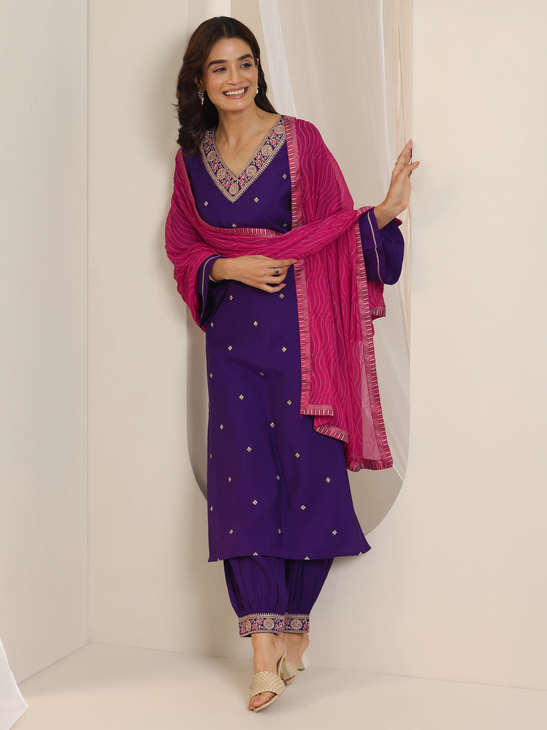  Purple Embroidered Silk Blend Straight Suit Set With Dupatta 