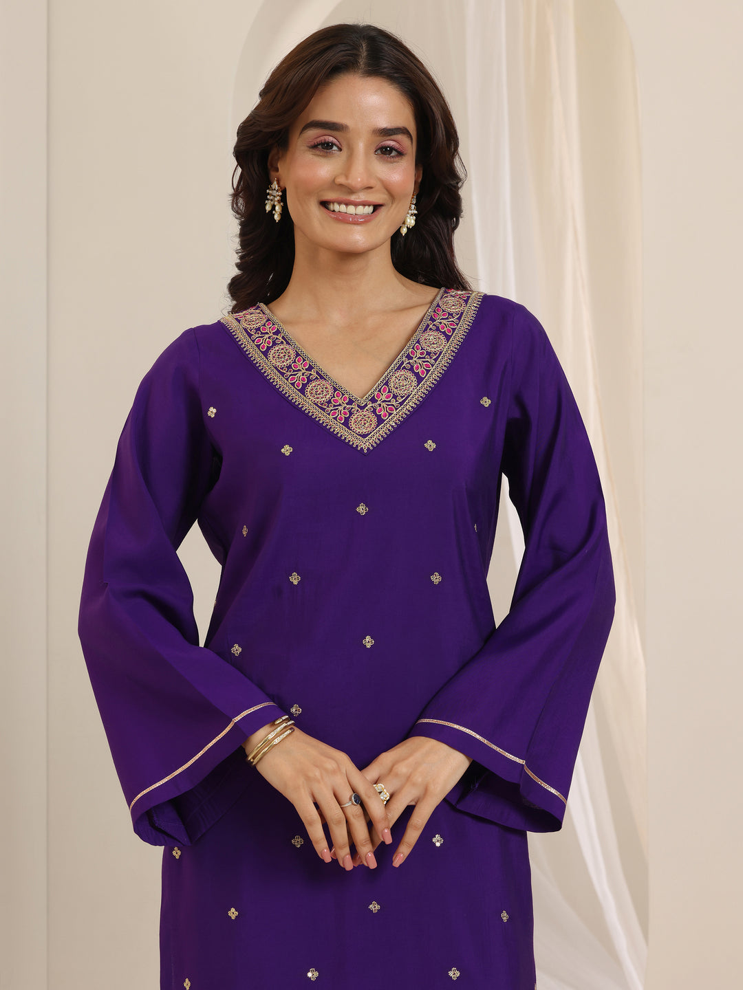  Purple Embroidered Silk Blend Straight Suit Set With Dupatta 