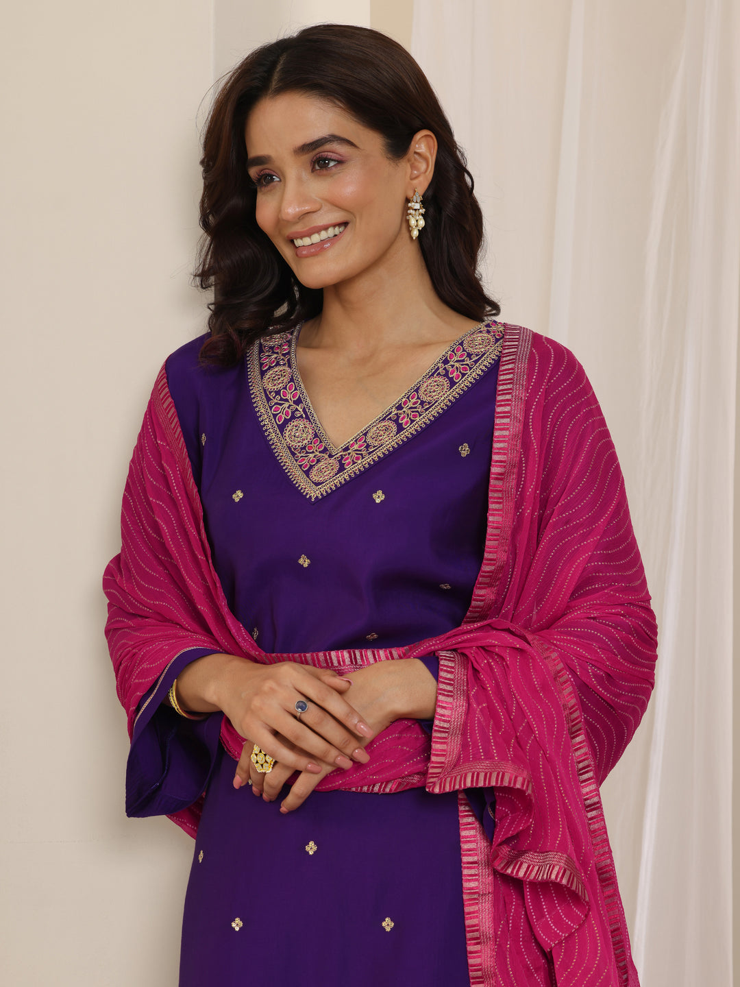  Purple Embroidered Silk Blend Straight Suit Set With Dupatta 