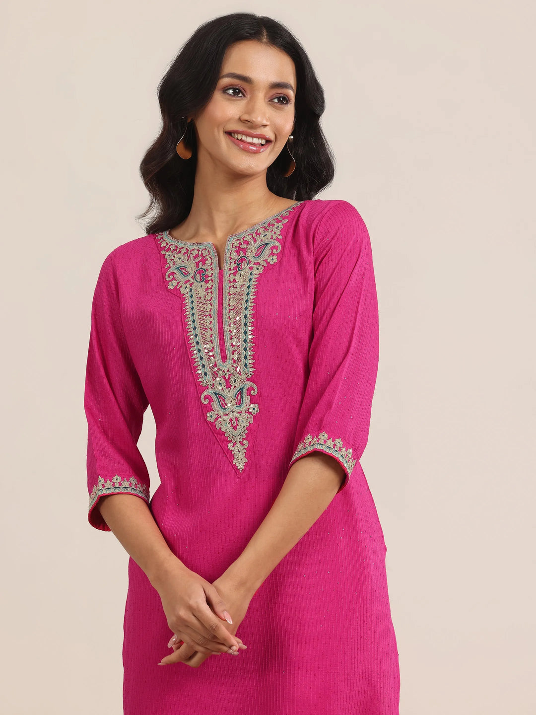  Pink Yoke Deisgn Silk Blend Straight Suit With Dupatta 