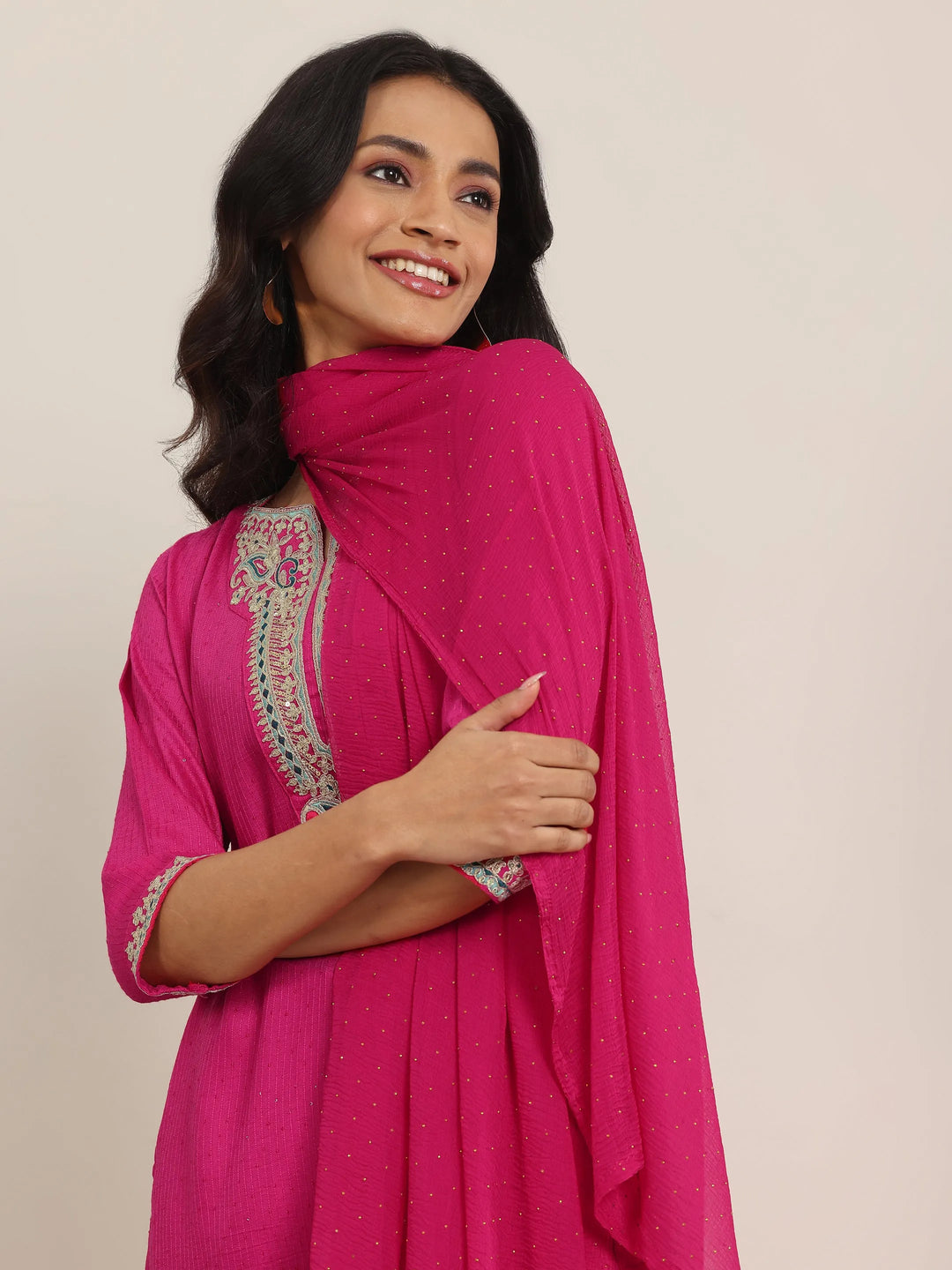  Pink Yoke Deisgn Silk Blend Straight Suit With Dupatta 