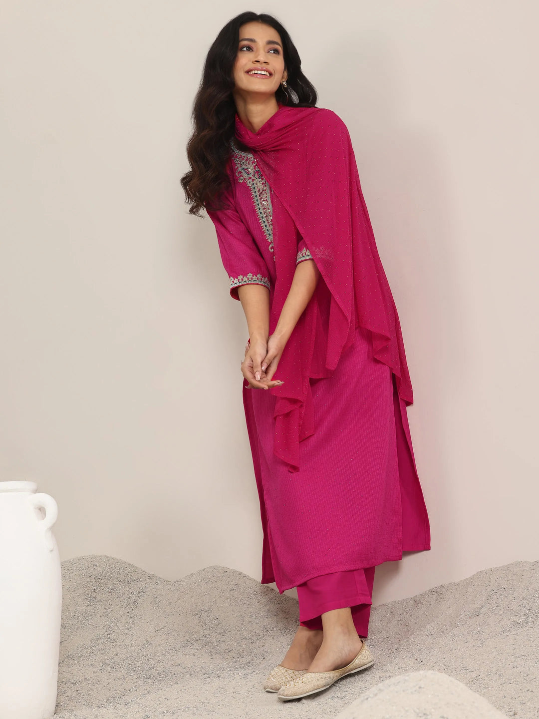  Pink Yoke Deisgn Silk Blend Straight Suit With Dupatta 