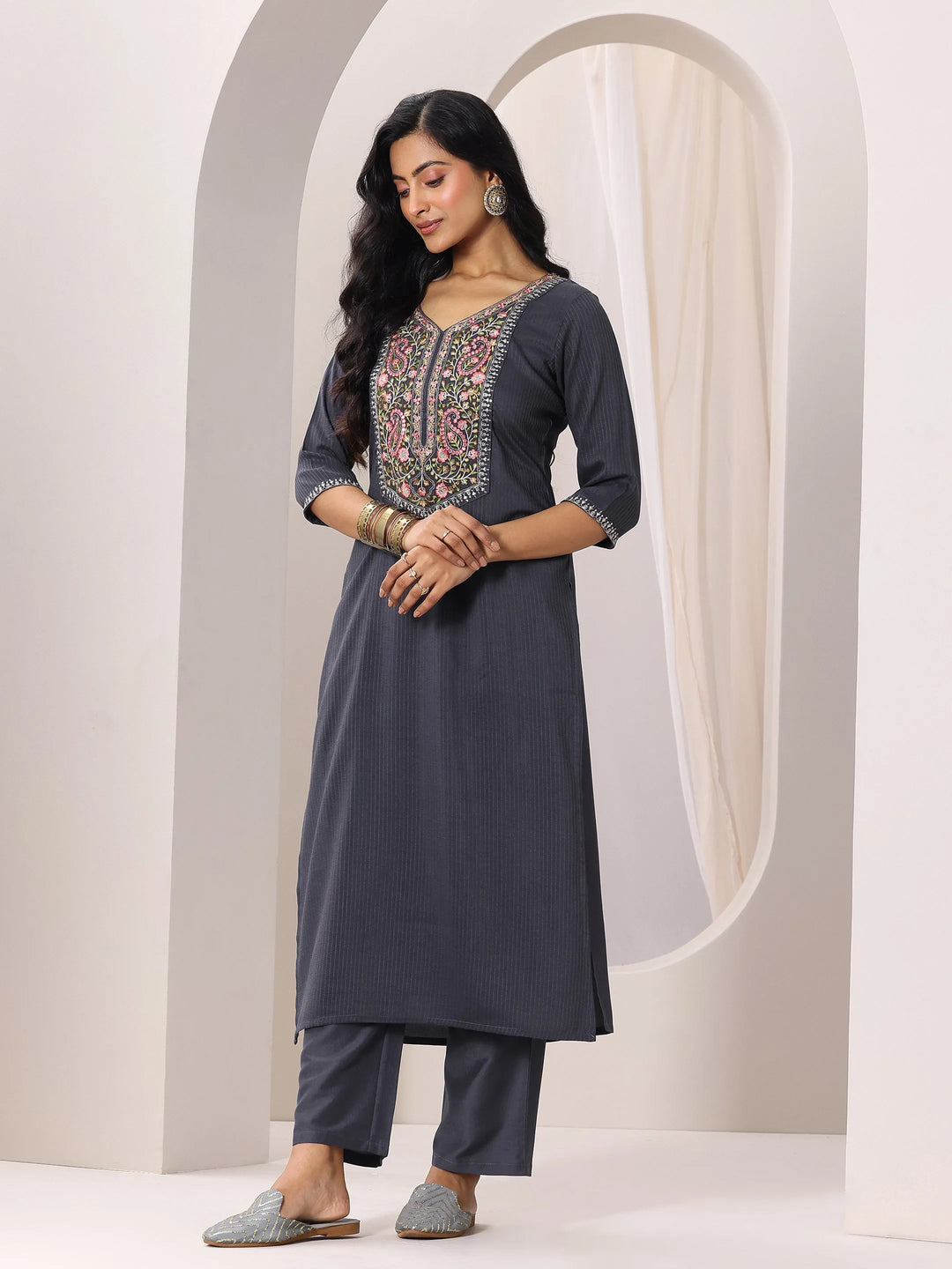  Grey Yoke Design Silk Blend Straight Suit Set With Dupatta 