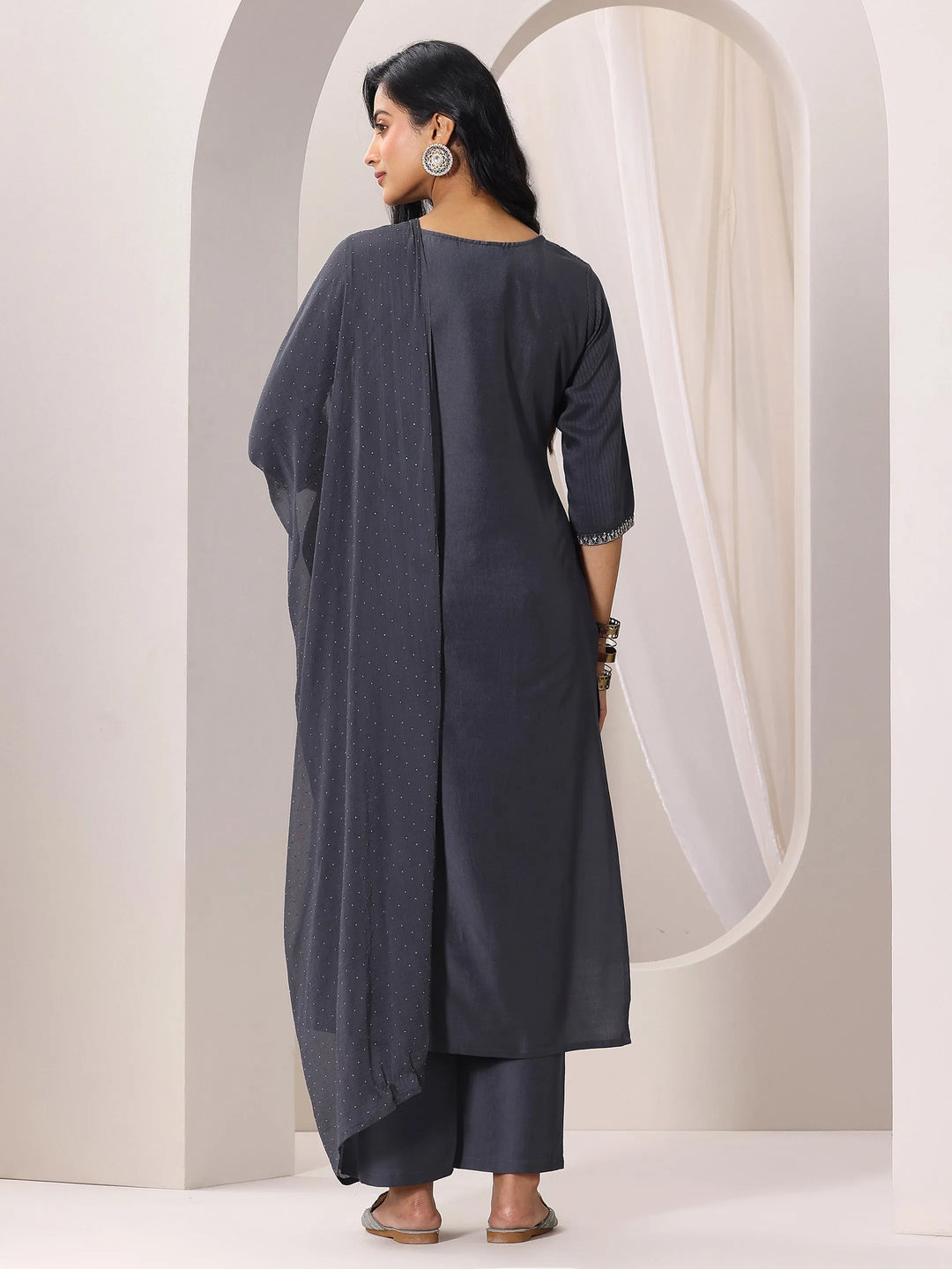  Grey Yoke Design Silk Blend Straight Suit Set With Dupatta 