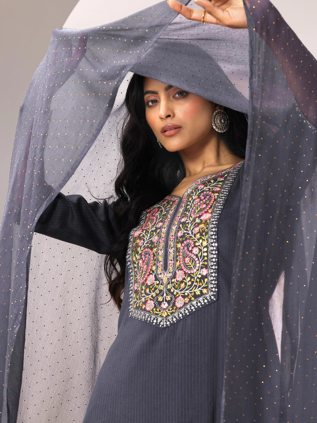 Grey Yoke Design Silk Blend Straight Suit Set With Dupatta