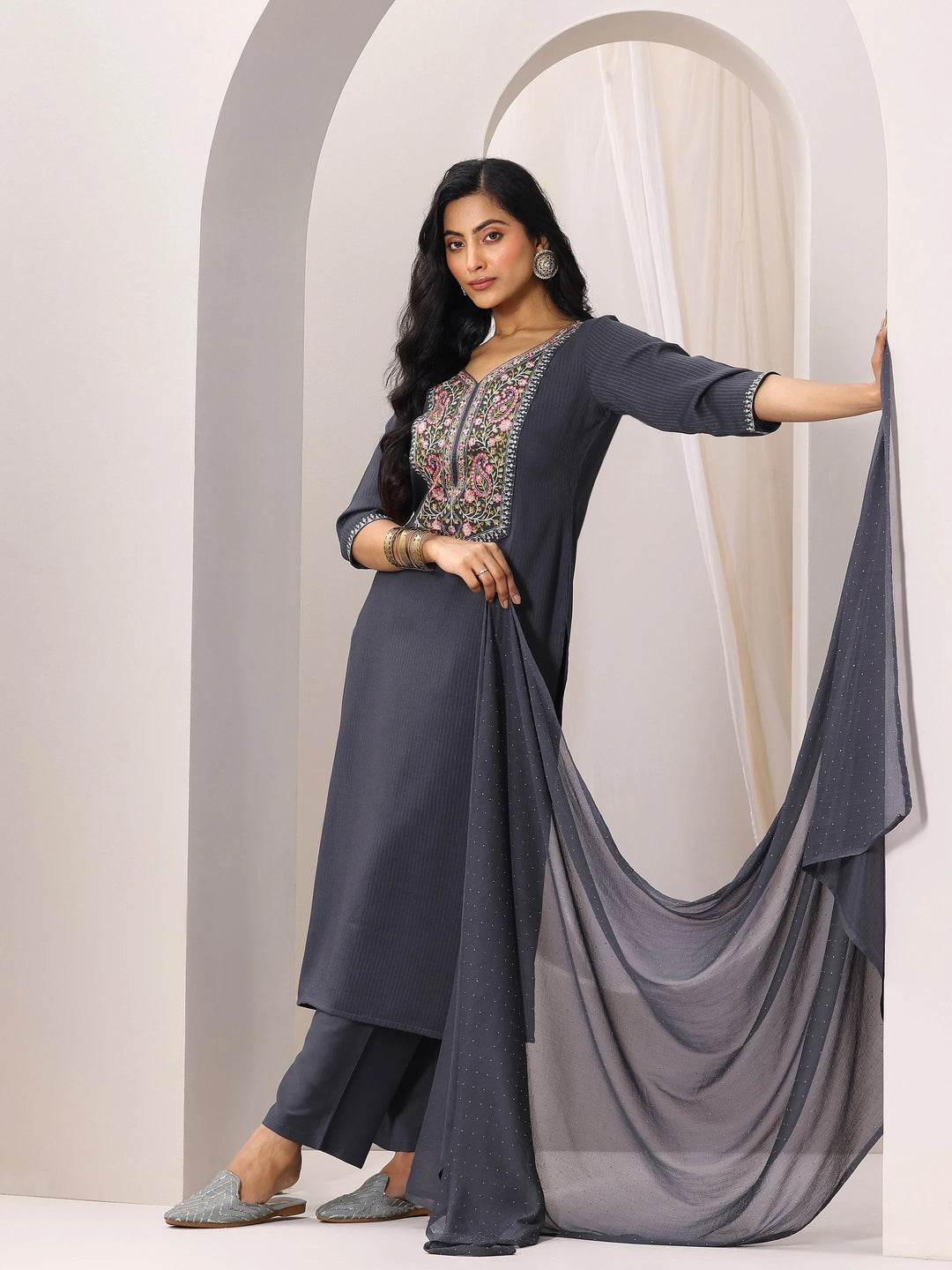  Grey Yoke Design Silk Blend Straight Suit Set With Dupatta 