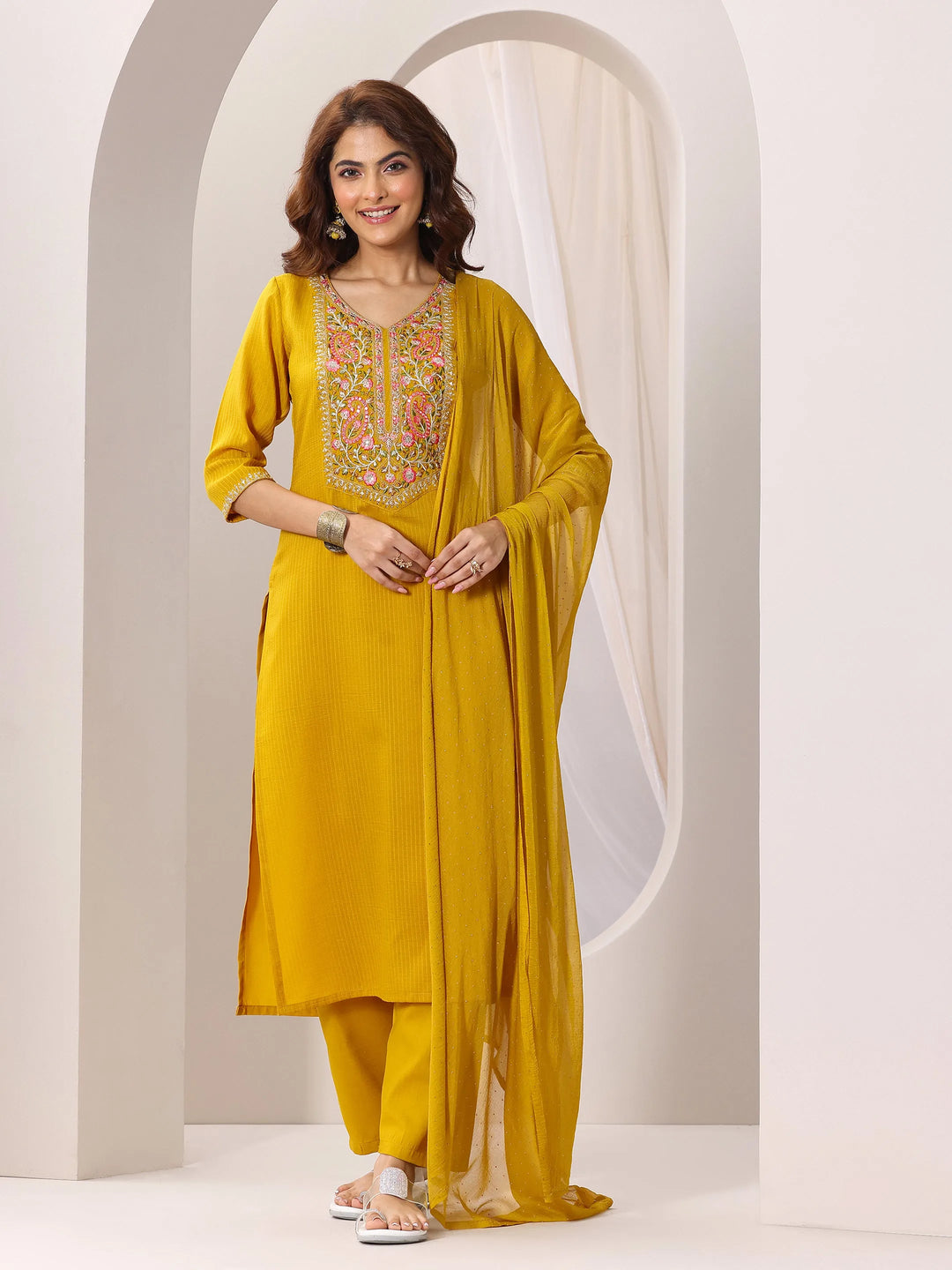  Yellow Yoke Design Silk Blend Straight Suit Set With Dupatta 