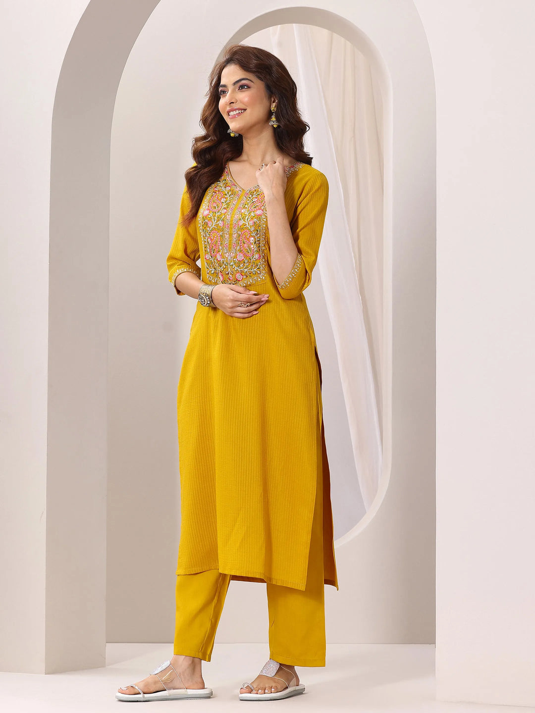  Yellow Yoke Design Silk Blend Straight Suit Set With Dupatta 