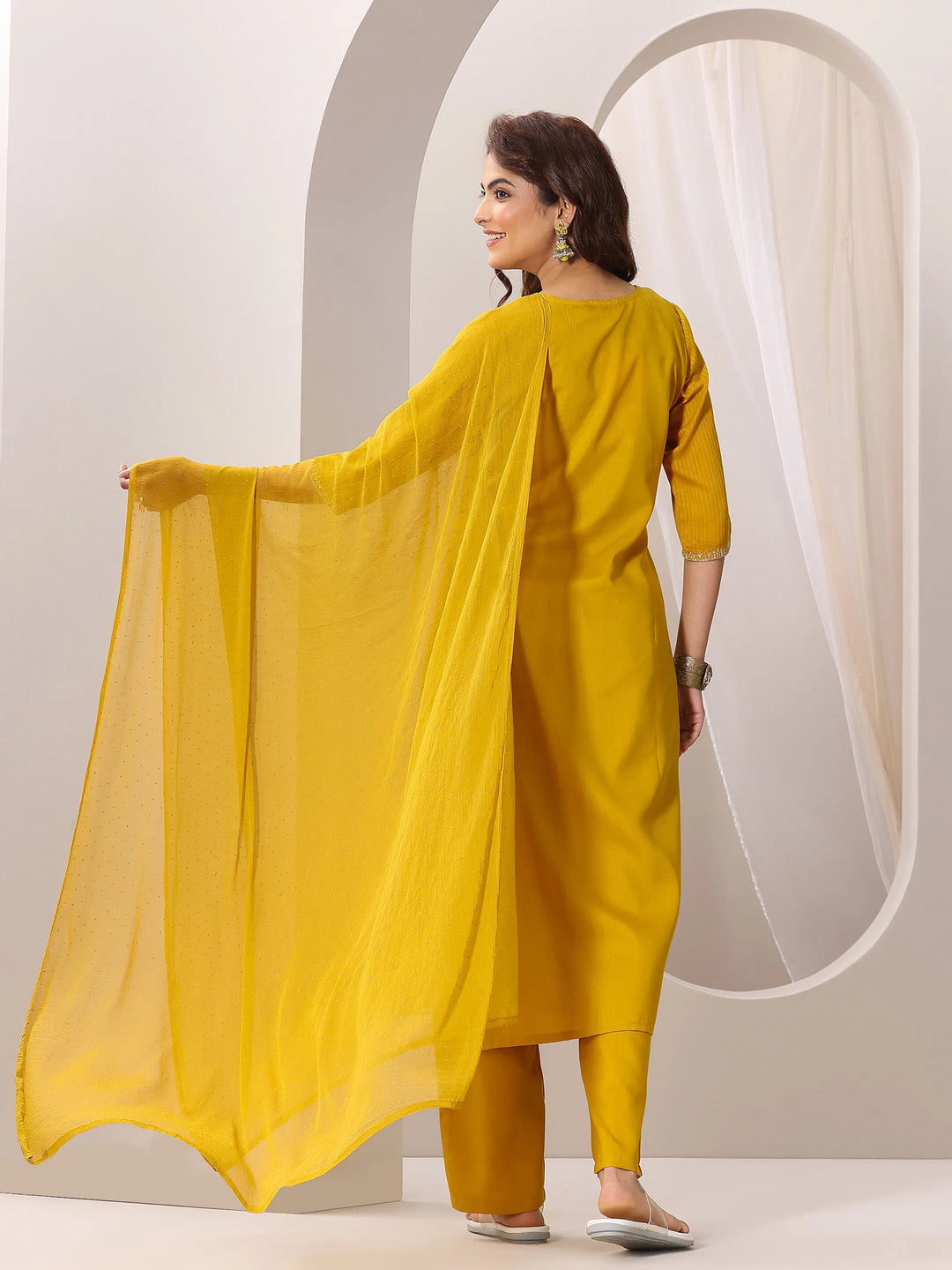  Yellow Yoke Design Silk Blend Straight Suit Set With Dupatta 