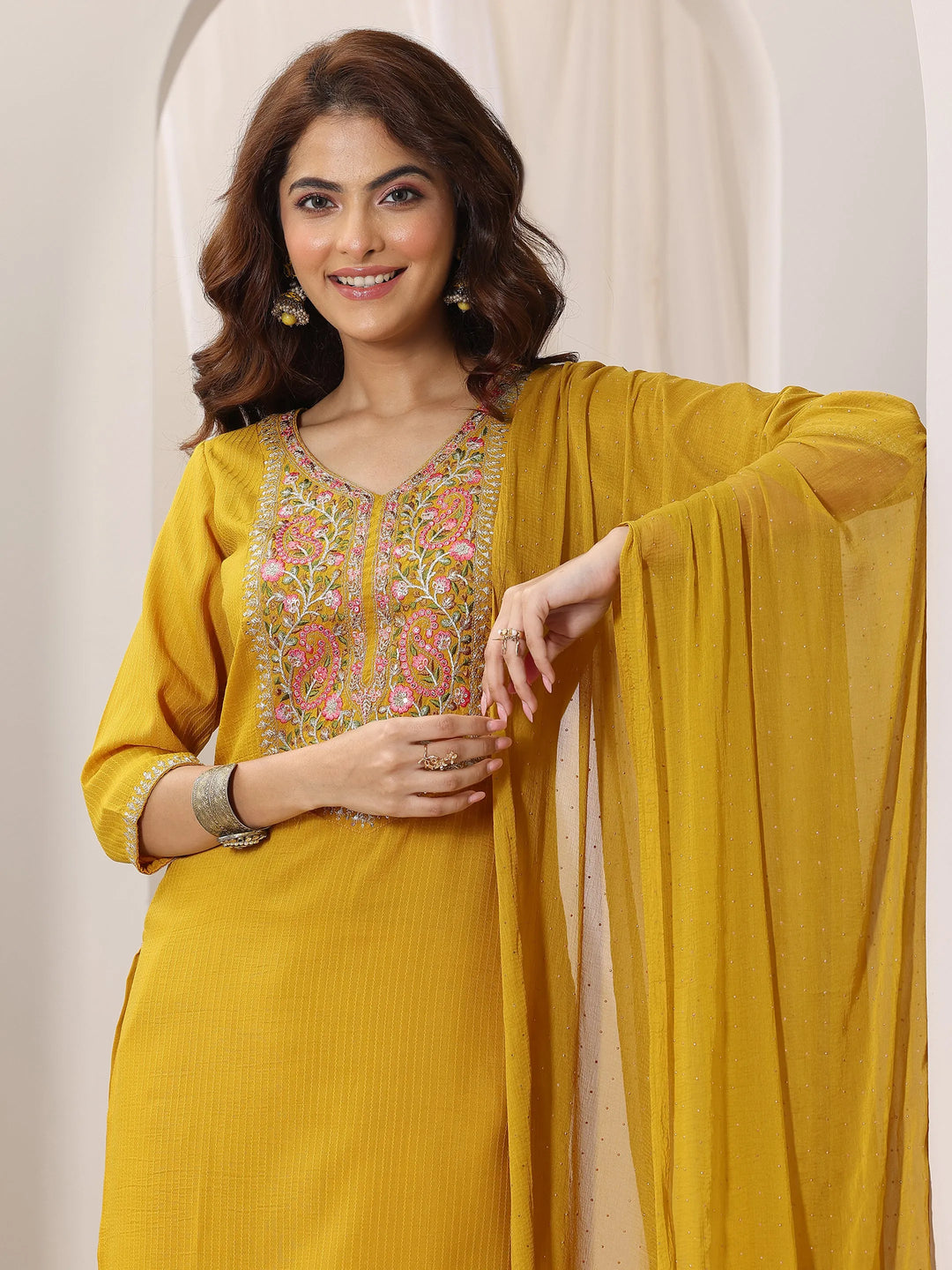  Yellow Yoke Design Silk Blend Straight Suit Set With Dupatta 