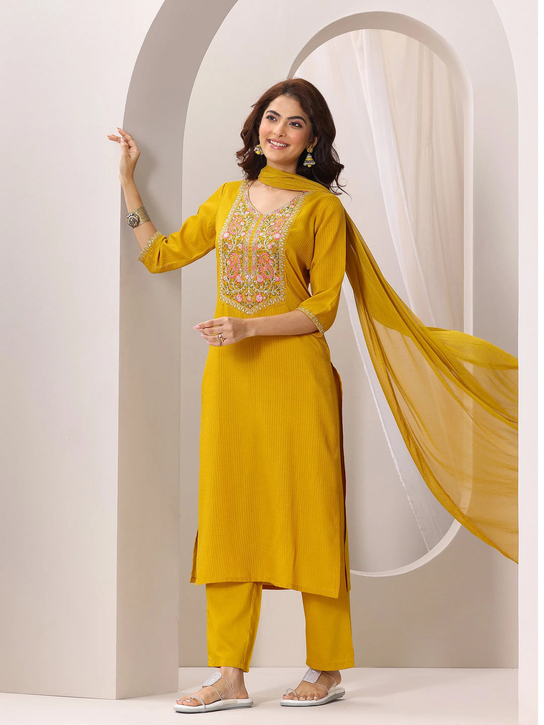  Yellow Yoke Design Silk Blend Straight Suit Set With Dupatta 