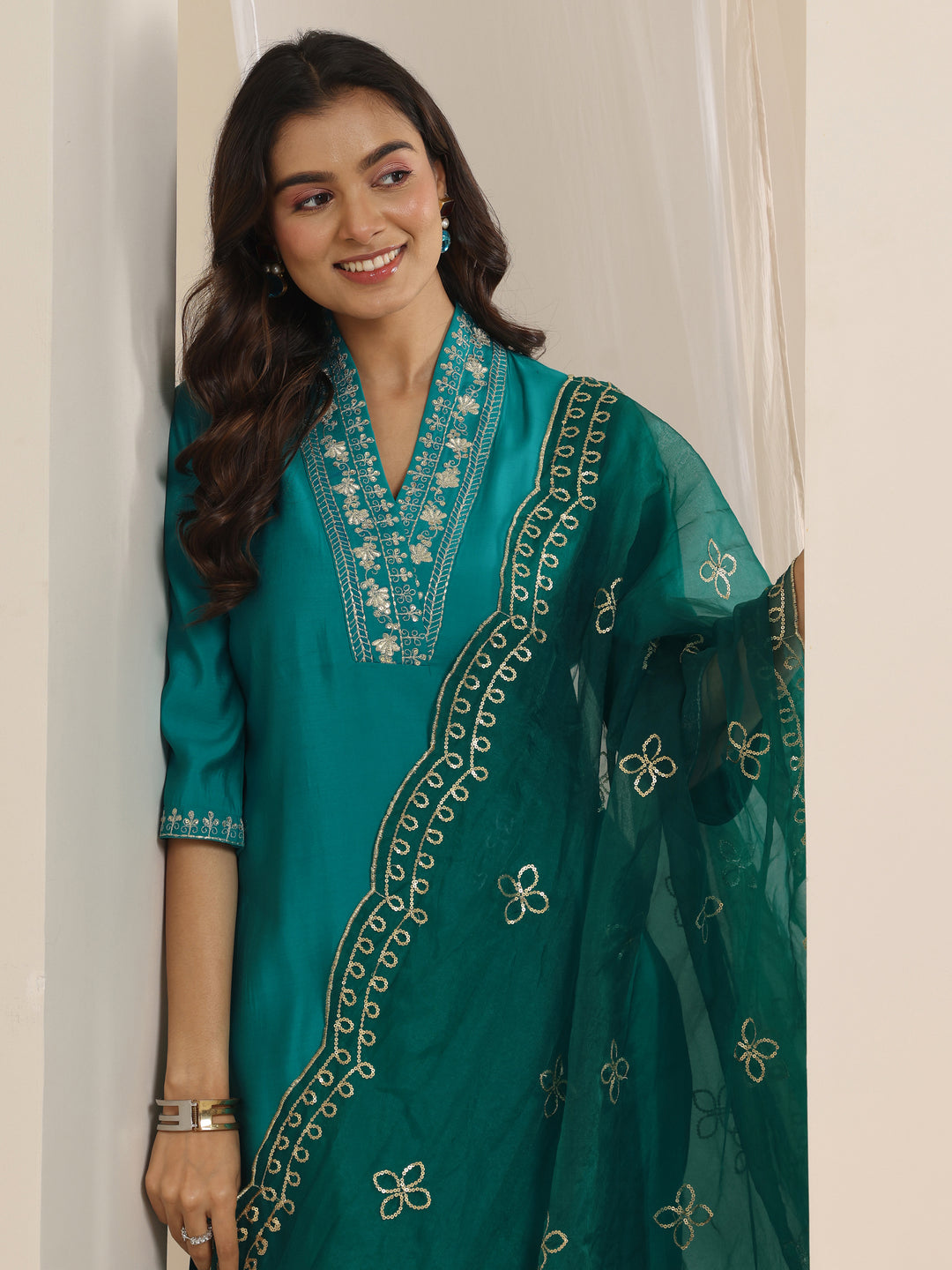 Turquoise Yoke Design Silk Blend Straight Suit Set With Dupatta