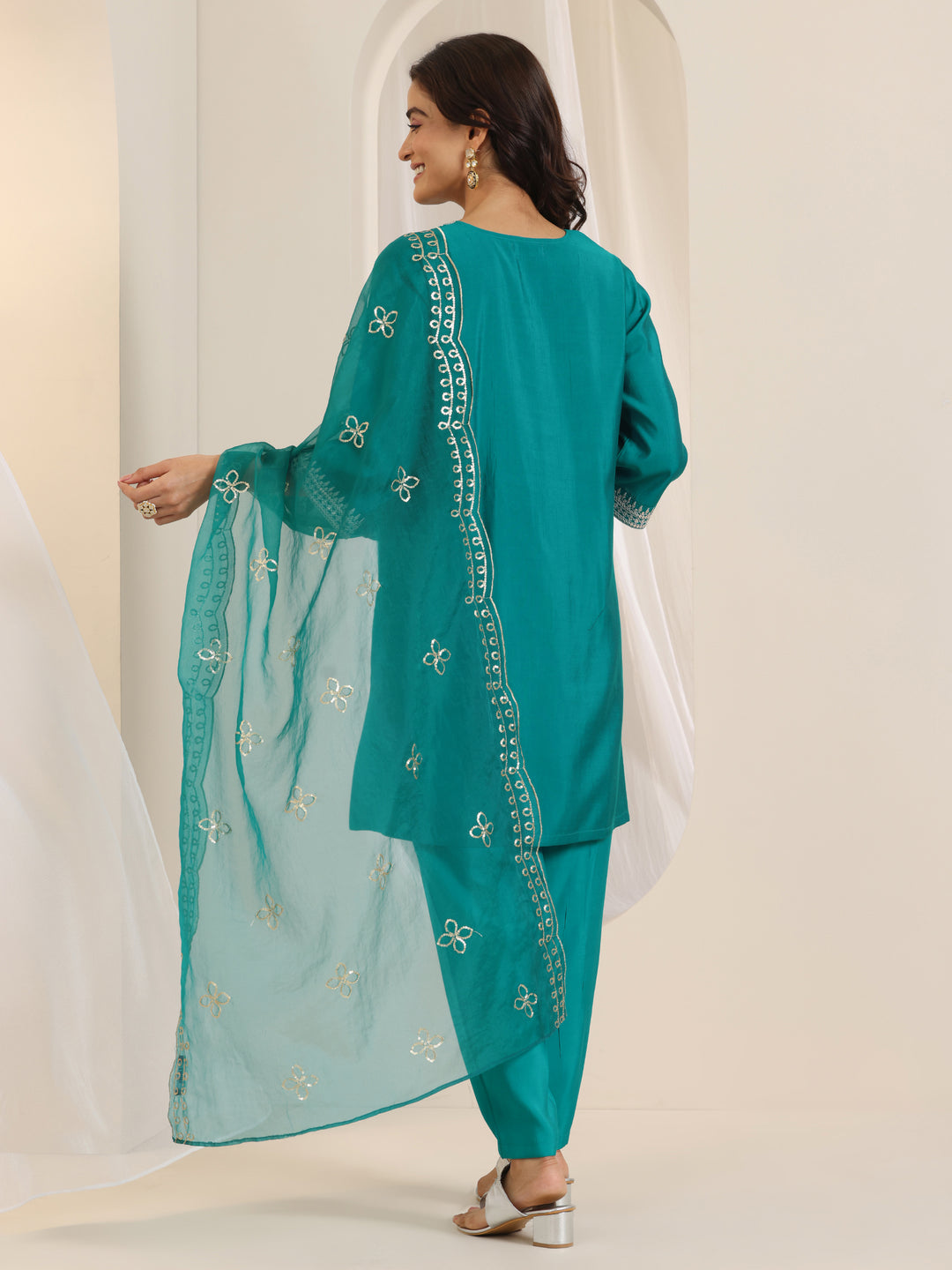  Turquoise Yoke Design Silk Blend Straight Suit Set With Dupatta 