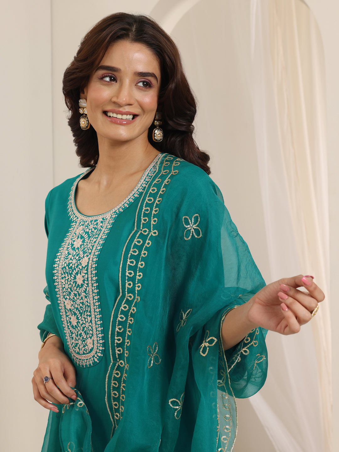  Turquoise Yoke Design Silk Blend Straight Suit Set With Dupatta 