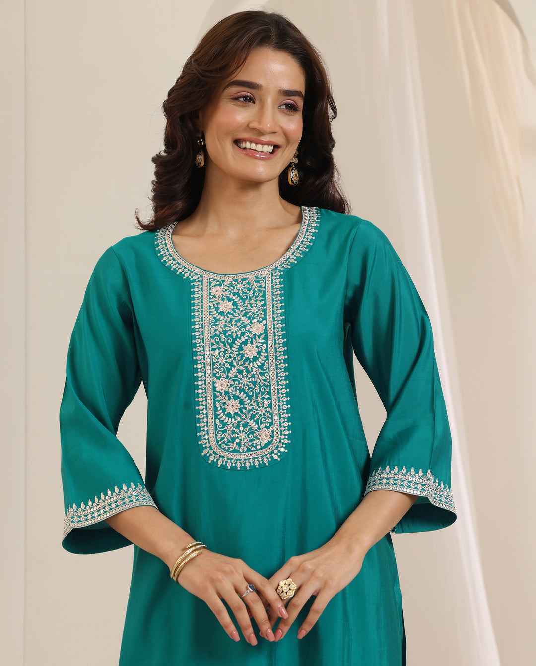  Turquoise Yoke Design Silk Blend Straight Suit Set With Dupatta 