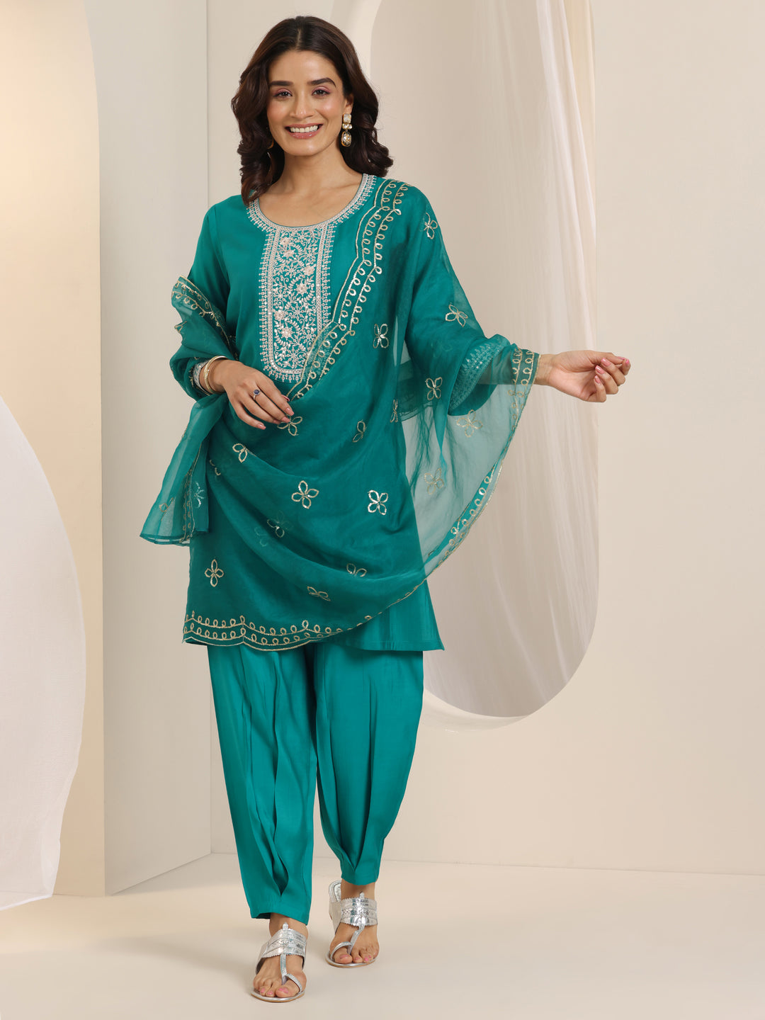  Turquoise Yoke Design Silk Blend Straight Suit Set With Dupatta 